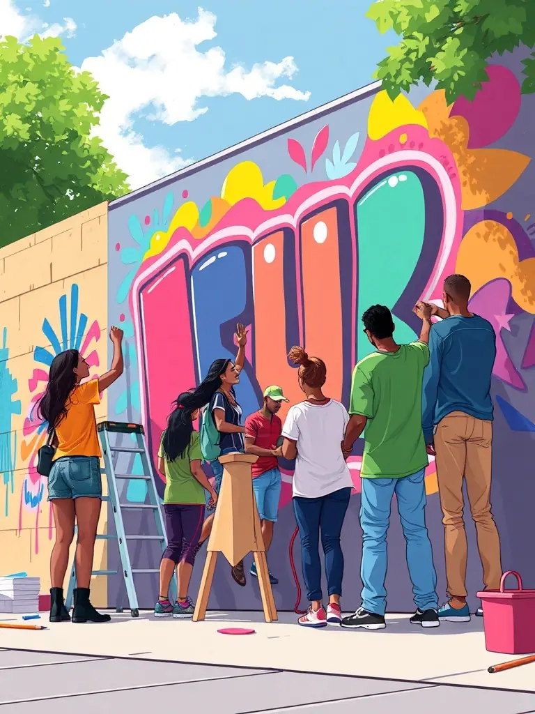 A group of diverse individuals collaborating on a large mural, symbolizing ART & CO's commitment to community engagement and artistic expression.