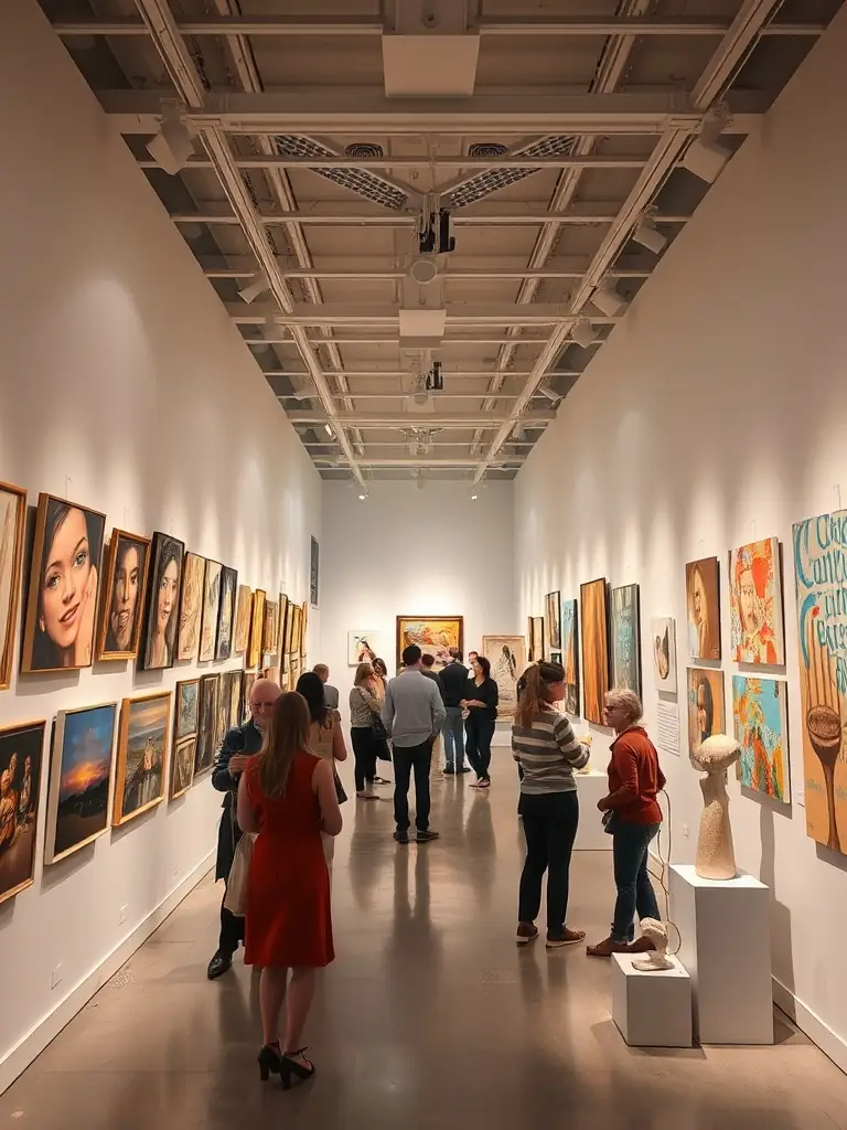 A vibrant photograph showcasing a collection of recently added artworks, including paintings, sculptures, and mixed media pieces, displayed in a modern gallery setting, emphasizing the diversity and freshness of ART & CO's new arrivals.