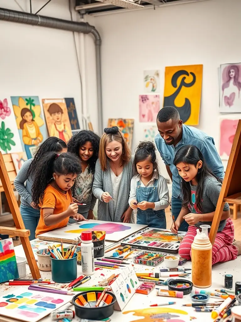 A vibrant image depicting participants of all ages engaged in a community art workshop, painting and creating together in a bright and inclusive setting, showcasing ART & CO's commitment to accessible art education.