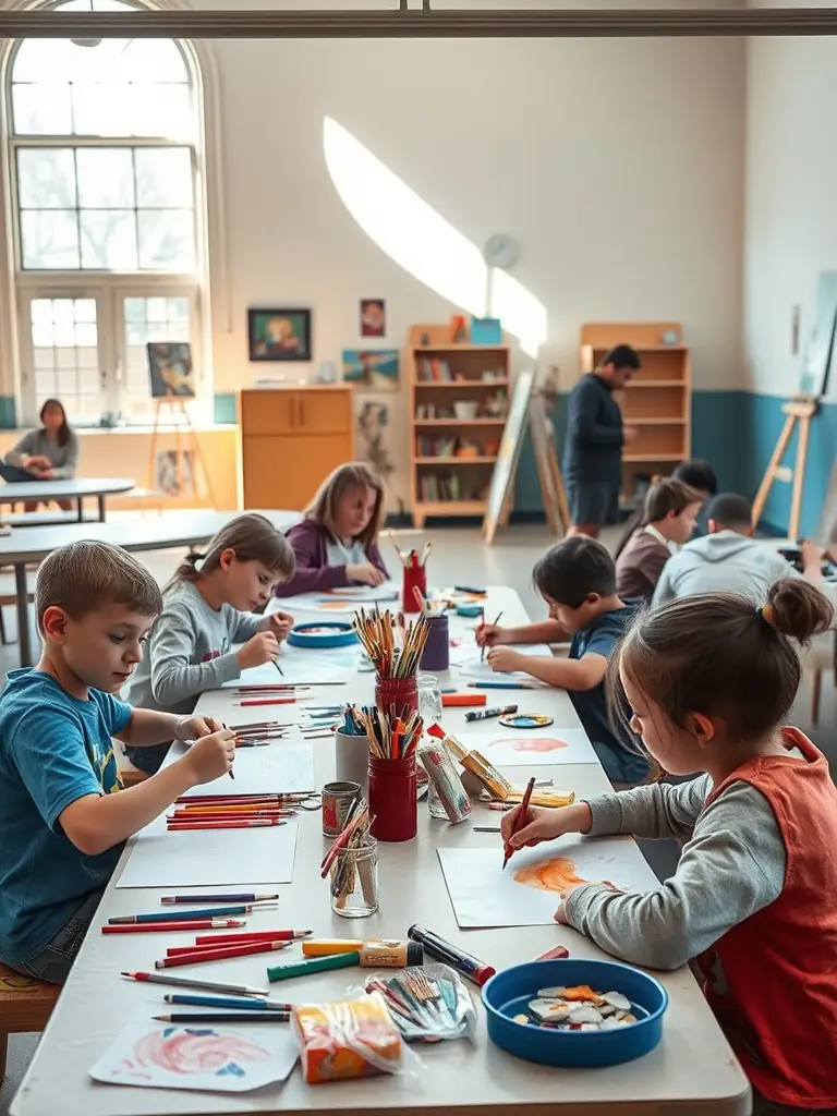 A photo of children and teenagers participating in an art class led by a professional artist in a community center, representing ART & CO's Educational Outreach Programs.
