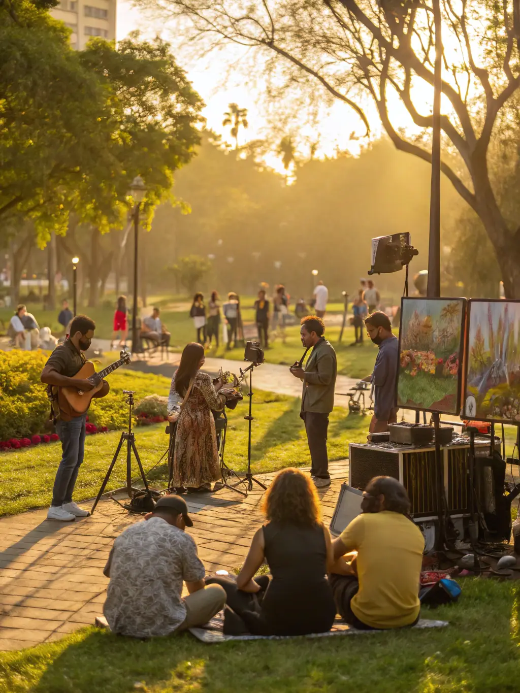 A photograph capturing a lively cultural event organized by ART & CO, featuring local artists displaying their work, attendees interacting with the art, and a festive atmosphere with music and food.