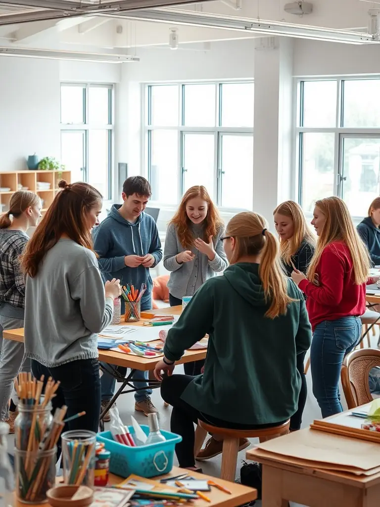 An image showing ART & CO's educational outreach program in action, with an artist leading a workshop in a school, inspiring young people and promoting artistic skills and social inclusion.