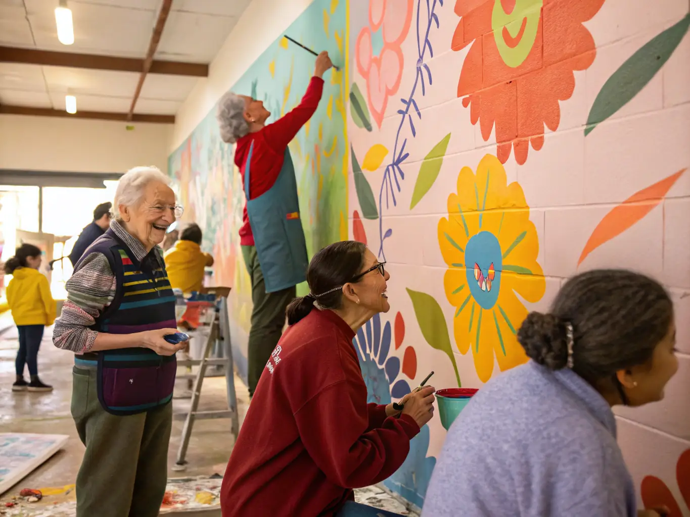 A vibrant image depicting participants of all ages engaged in a community art workshop, painting and creating together in a bright and welcoming space. The scene captures the joy and collaborative spirit of artistic expression.