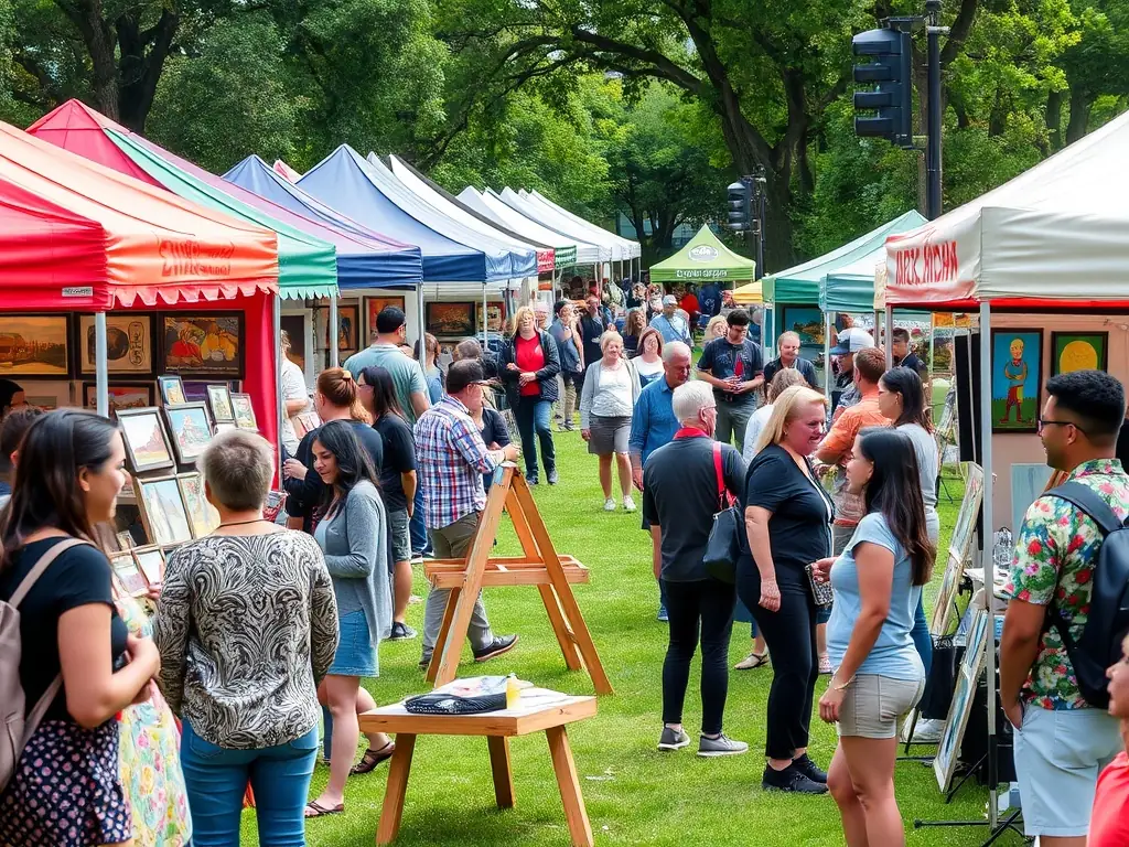 A photograph showcasing a cultural event organized by ART & CO, featuring local artists displaying their work in a public space. The image highlights the diversity of artistic styles and the community's appreciation for art.
