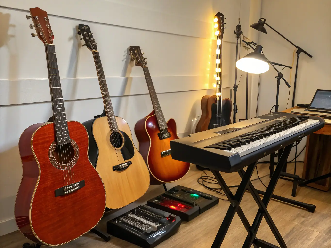 A vibrant image showcasing a variety of musical instruments, such as guitars, keyboards, and drums, arranged in an inviting and accessible manner, symbolizing ART & CO's support for musicians.