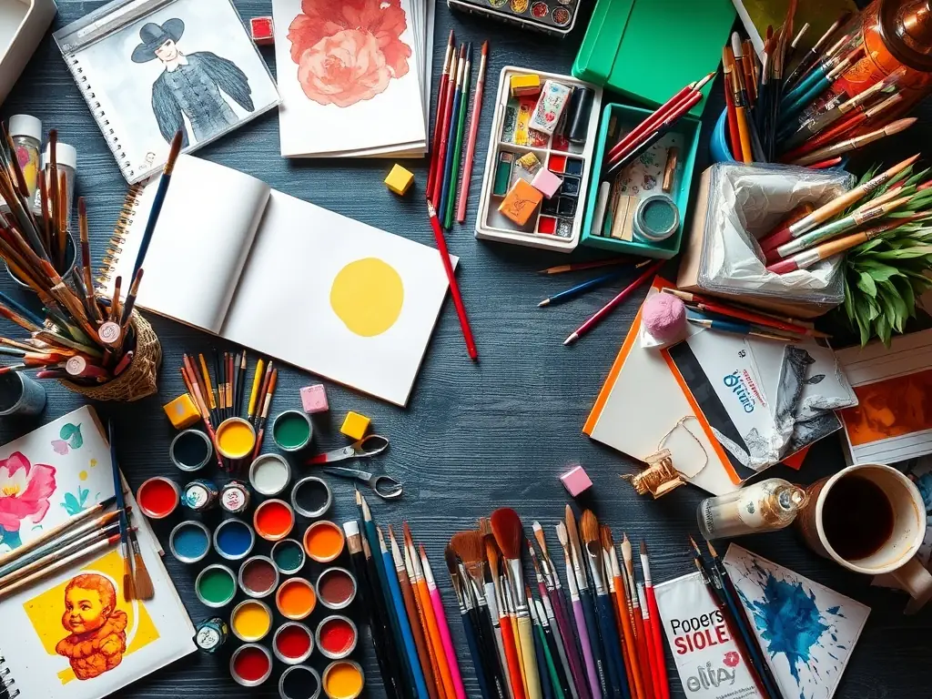 A close-up shot of various art accessories, such as paints, pencils, sculpting tools, and sketchbooks, neatly organized and displayed, highlighting ART & CO's dedication to providing comprehensive support for artists.