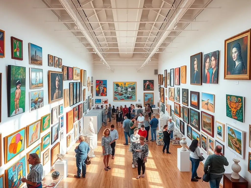 A vibrant and colorful display of new contemporary art pieces in a gallery setting, showcasing a variety of styles and mediums.