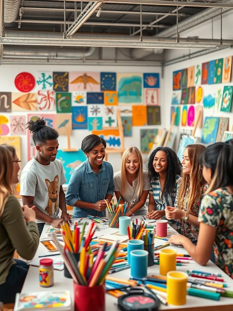 A vibrant image depicting participants of all ages engaged in a community art workshop, showcasing various art forms like painting, sculpting, and drawing, set in a bright and welcoming studio environment.