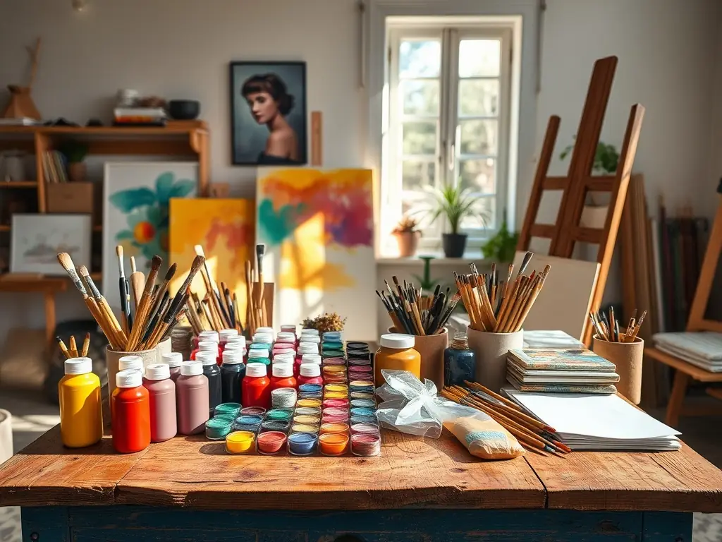 A photograph featuring various art equipment, including easels, paintbrushes, palettes, and canvases, set in a bright and inspiring studio environment, representing ART & CO's commitment to visual artists.