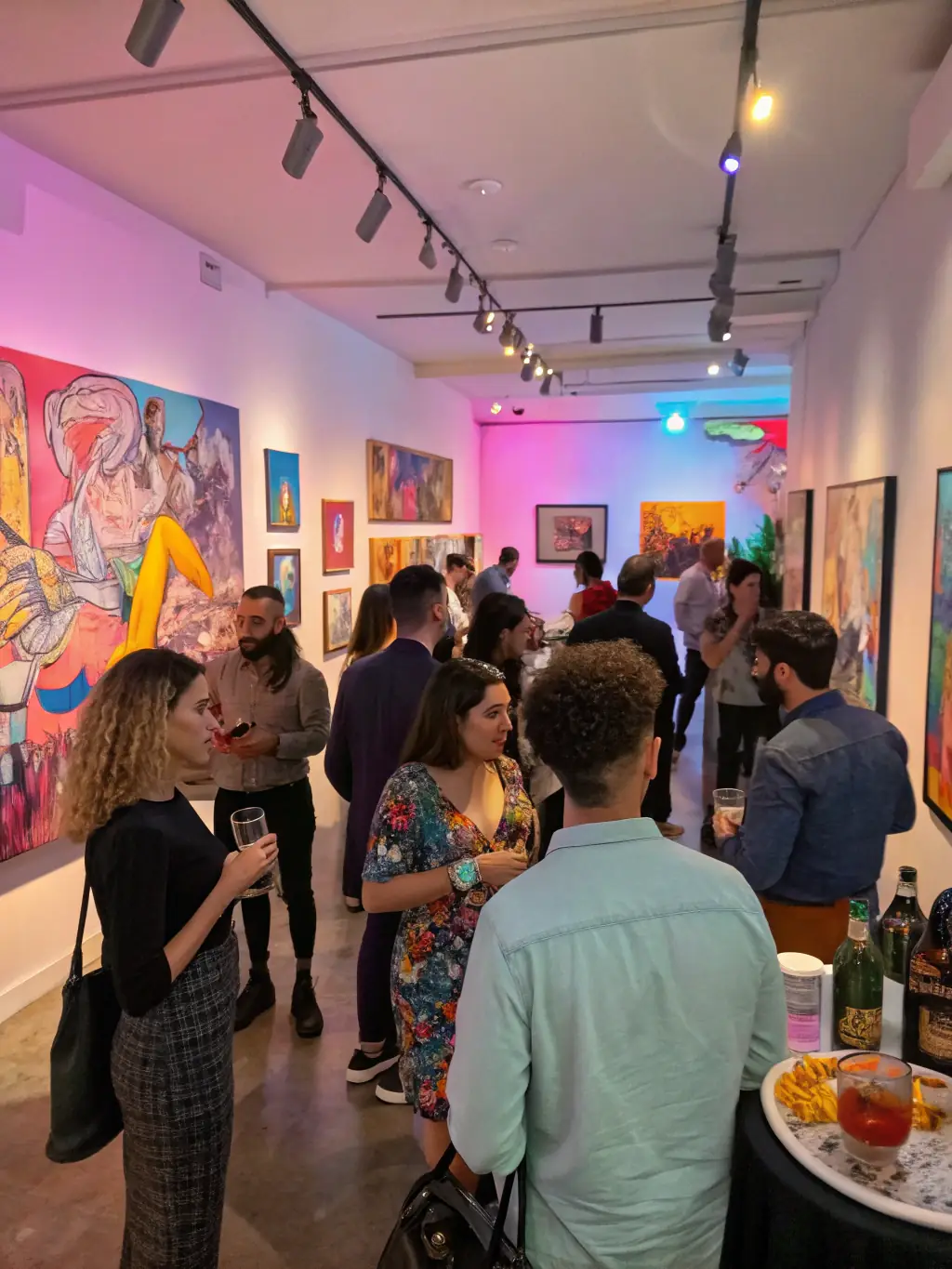 An inspiring image of an art exhibition opening, with visitors engaging with artworks and artists present, highlighting ART & CO's Cultural Events and Exhibitions.