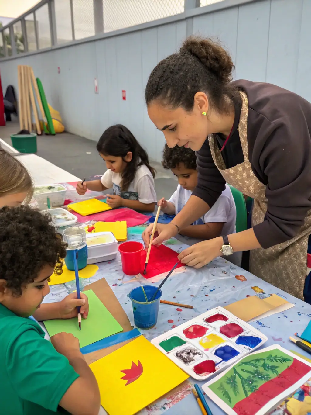 An image showing ART & CO's educational outreach program in action, with an artist leading a workshop in a school or community center, surrounded by enthusiastic children creating art.